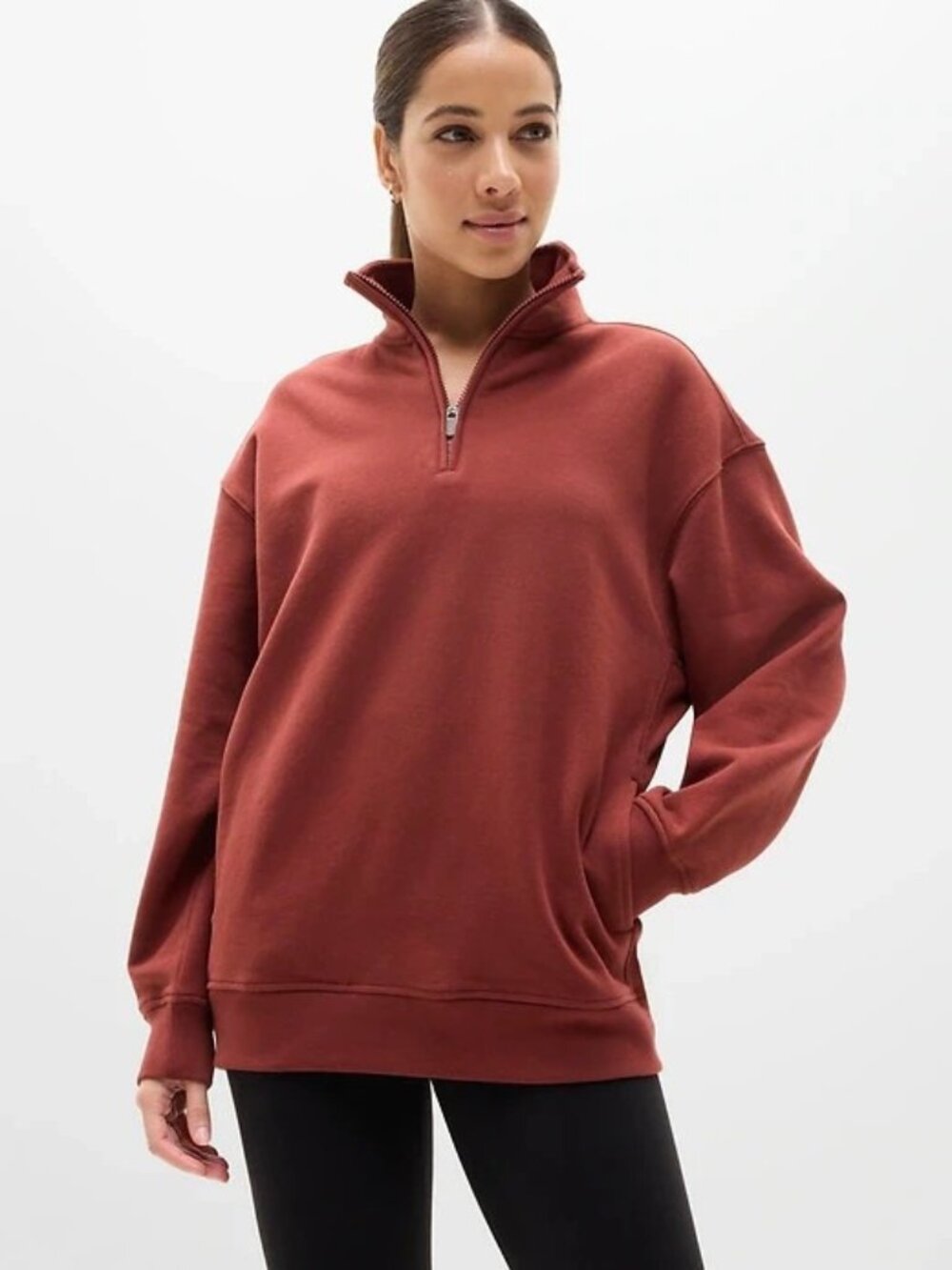 New Athleta M Forever Fleece 1/4 Zip Sweatshirt Cinnamon Red Medium Regular